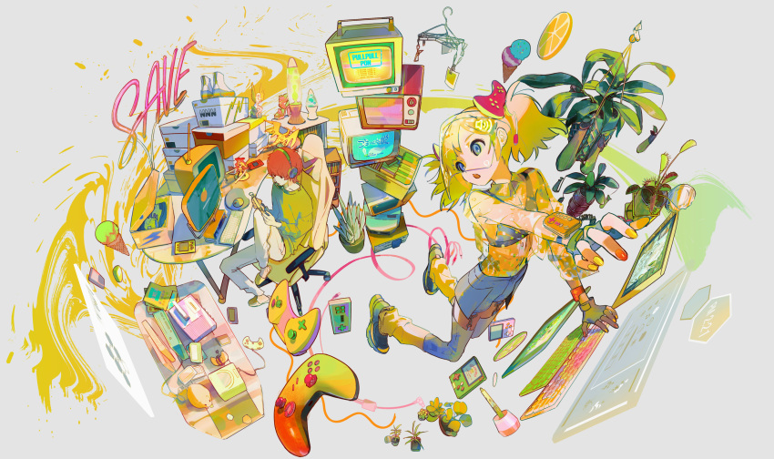 1boy 1girl 2021 :o blonde_hair blue_eyes box chair clothes_hanger collared_shirt computer controller dated desk dragon figure fingerless_gloves food fruit game_controller garter_straps gloves handheld_game_console head-mounted_display headphones headset highres ice_cream_cone keyboard_(computer) kukka lava_lamp lemon lemon_slice loose_socks midriff monitor mouse_(computer) nail_polish neon_lights office_chair open_mouth plant potted_plant promotional_art red_hair red_nails see-through shirt shoes short_twintails skirt slippers steam_(platform) television thighhighs tokyo_game_show twintails video_game yellow_nails