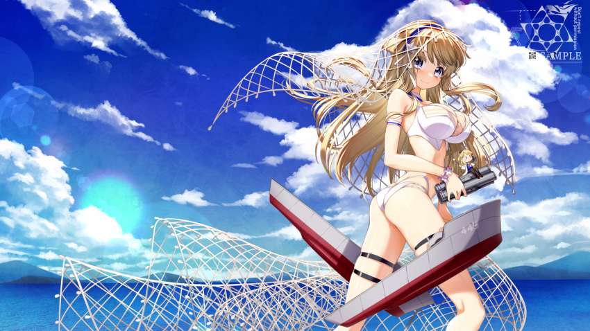 1girl ass bikini bikini_bottom bikini_top blonde_hair breasts cargo_net cleavage cloud cluseller commentary commission double_bun english_commentary fairy_(kancolle) fletcher_(kancolle) glasses hair_ornament hairband kantai_collection labcoat large_breasts long_hair looking_at_viewer machinery mountain net ocean on_head purple_eyes sky smile star_(symbol) star_hair_ornament swimsuit thigh_strap thighs white_bikini