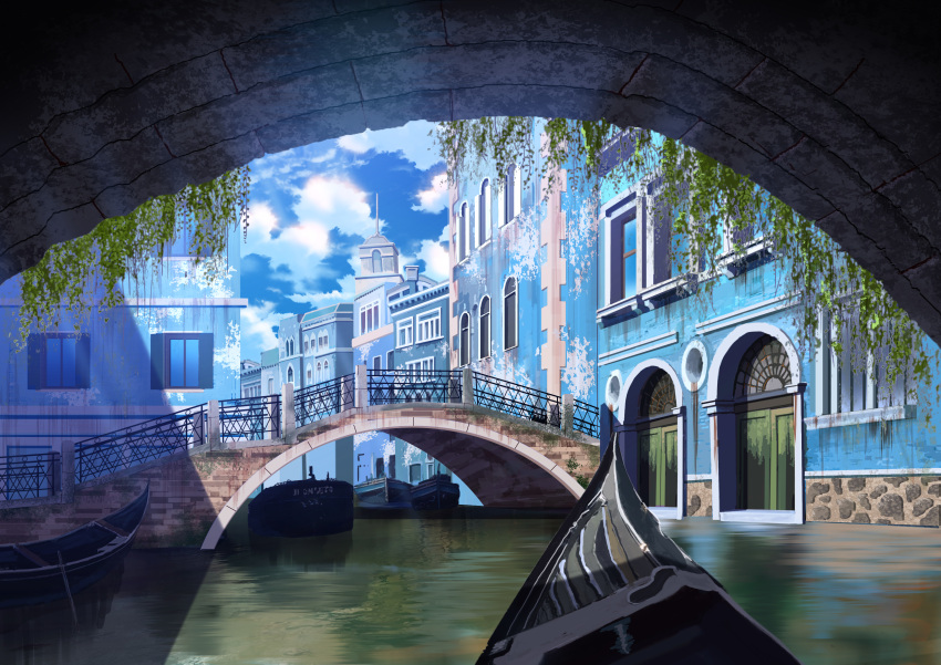 absurdres blue_background boat bridge building city cloud day highres italy no_humans original outdoors railing scenery simple_background sumassha_t_t water watercraft window