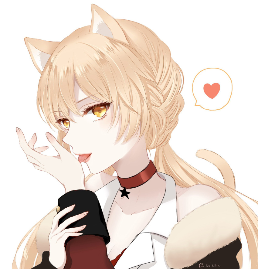 1girl animal_ears artist_name blonde_hair breasts cat_ears cat_tail choker collarbone commentary_request eyebrows_visible_through_hair fingernails girls'_frontline hair_ornament hand_grab heart heart_print highres licking licking_hand lips long_hair looking_at_viewer low_twintails open_mouth ots-14_(girls'_frontline) red_choker solo spoken_heart star_(symbol) sui_(camellia) tail tongue tongue_out twintails upper_body white_background yellow_eyes