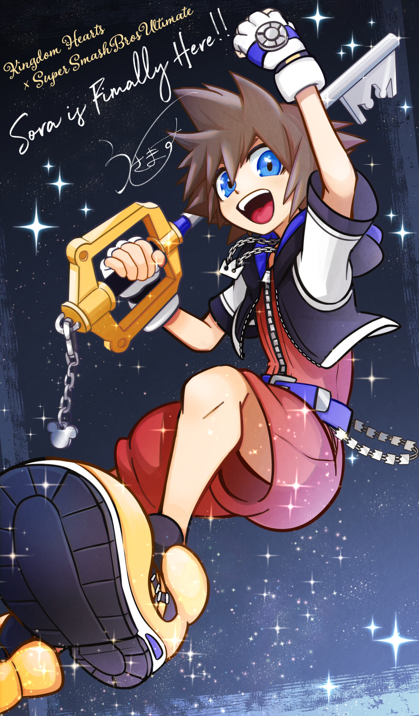 1boy absurdres blue_eyes brown_hair fingerless_gloves gloves highres hood jewelry keyblade kingdom_hearts kingdom_hearts_i kingdom_key looking_at_viewer male_focus necklace open_mouth short_hair smash_invitation smile solo sora_(kingdom_hearts) spiked_hair super_smash_bros. usamasuku