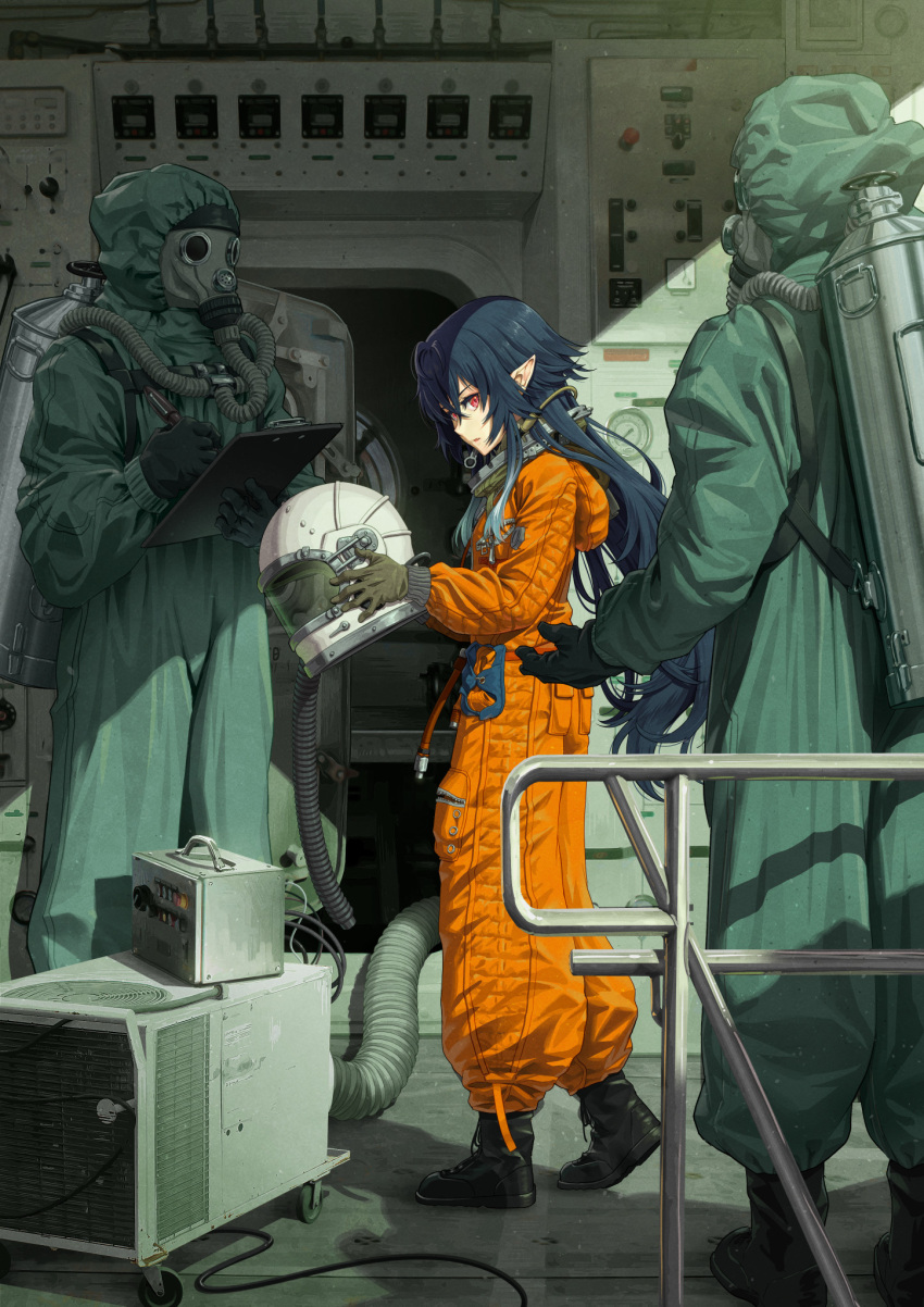 1girl 2others astronaut bangs black_footwear blue_hair bodysuit commentary fangs from_side gas_mask gloves headwear_removed helmet helmet_removed highres holding holding_helmet holding_notepad holding_pen irina_luminesk long_hair looking_at_viewer looking_to_the_side mask multiple_others notepad oxygen_tank parted_lips pen pinakes pointy_ears red_eyes space_helmet spacesuit standing tsuki_to_laika_to_nosferatu vampire writing