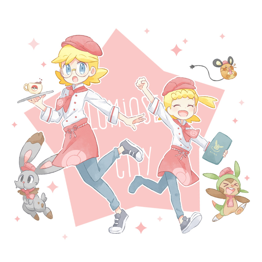 1boy 1girl :o akasaka_(qv92612) alternate_costume arm_up bangs blonde_hair bonnie_(pokemon) bunnelby buttons chespin clemont_(pokemon) clenched_hand commentary_request cup dedenne glasses grey_eyes hat holding holding_tray leg_up liquid open_mouth outline pants pokemon pokemon_(creature) pokemon_(game) pokemon_cafe_mix pokemon_xy red_headwear shirt shoes sneakers sparkle spilling tongue tray white_shirt