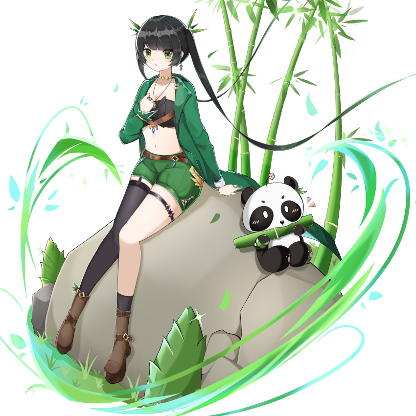 absurdly_long_hair absurdres bamboo bamboo_shoot belt black_legwear brown_footwear choker coat collarbone earrings eating full_body garter_straps genshin_impact green_coat green_shorts hair_ribbon highres jewelry leaf long_hair necklace original panda parted_lips ribbon rock shi_zhuzi_da shorts single_thighhigh sitting thighhighs thighlet very_long_hair vision_(genshin_impact)