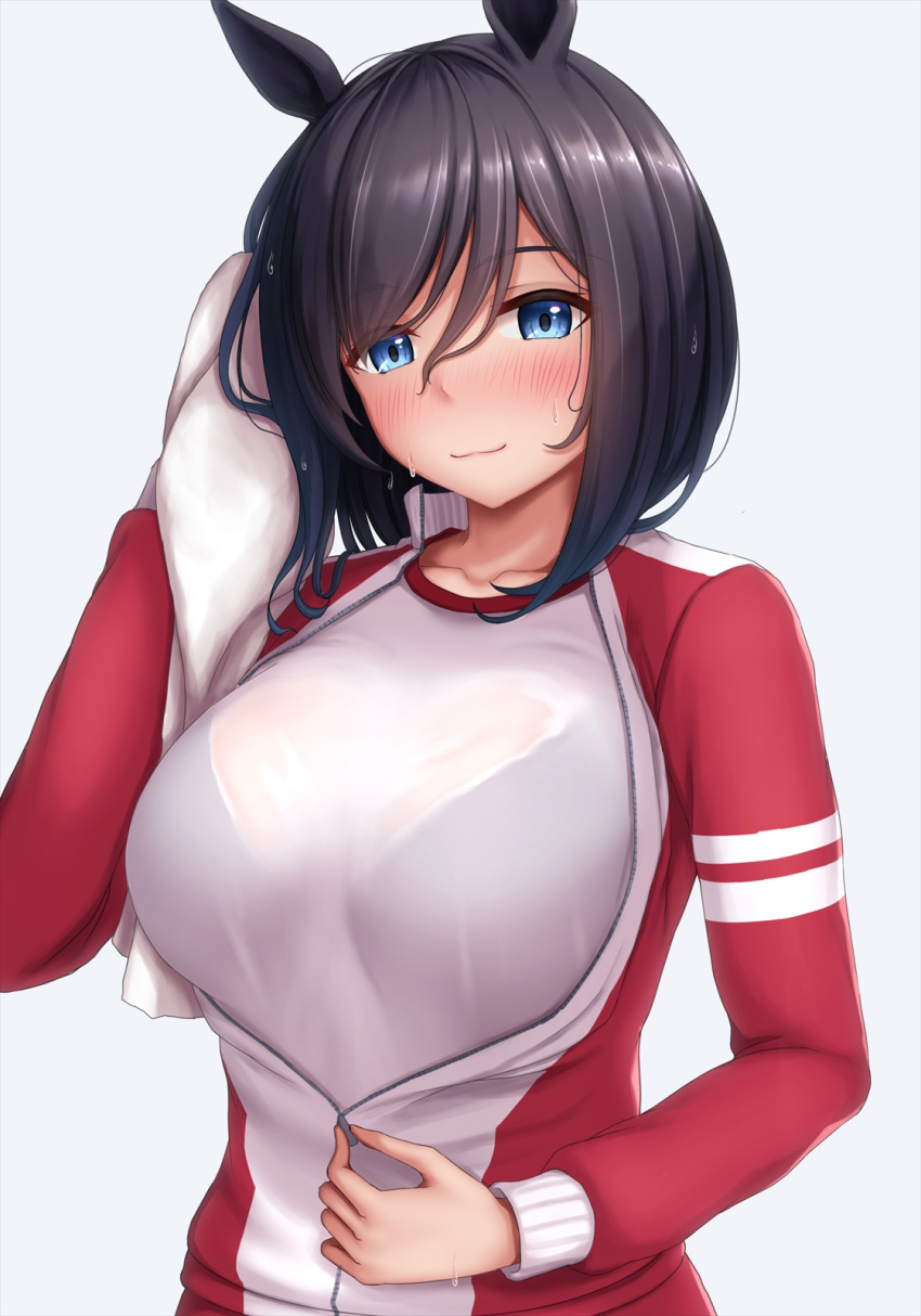 1girl :3 animal_ears bangs black_hair blue_eyes blush bob_cut breasts collarbone eishin_flash_(umamusume) hair_between_eyes highres horse_ears horse_girl jacket jersey large_breasts looking_at_viewer partially_unzipped see-through see-through_shirt simple_background smile solo swept_bangs tapisuke track_jacket track_suit umamusume unzipping upper_body wet wet_clothes white_background