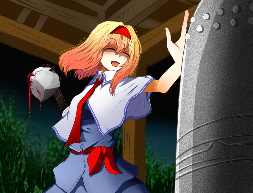 1girl :d alice_margatroid bangs bell blonde_hair blood_drip blue_shirt blue_skirt bois_de_justice capelet closed_eyes commentary_request cookie_(touhou) cowboy_shot dies_irae eyebrows_visible_through_hair hairband highres hinase_(cookie) holding_rock medium_hair necktie night open_mouth red_hairband red_necktie red_sash rock sakuna_brownie sash shinza_bansho_series shirt skirt smile solo touhou white_capelet