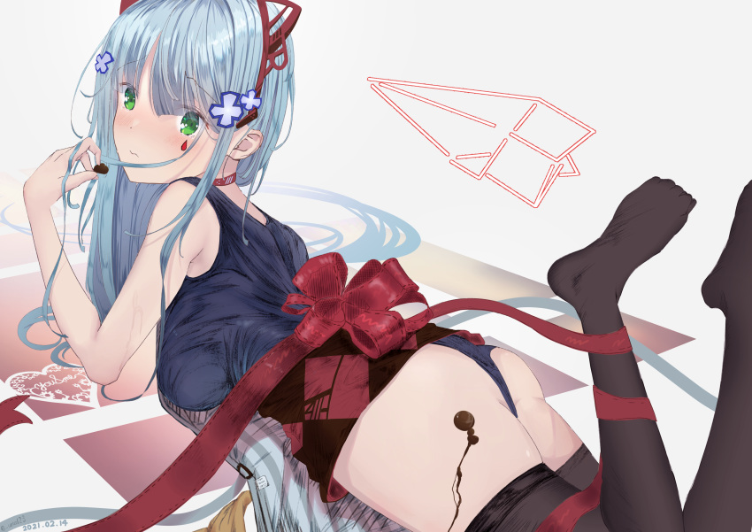 1girl absurdres animal_ears artist_name ass bangs black_legwear blue_hair blue_swimsuit blush chocolate choker closed_mouth crossed_bangs dated eyebrows_visible_through_hair fake_animal_ears food girls'_frontline green_eyes hand_in_hair highres hk416_(girls'_frontline) holding holding_chocolate holding_food long_hair looking_at_viewer lying no_shoes on_stomach red_choker red_ribbon ribbon school_swimsuit simple_background solo soranagi_(una123) swimsuit teardrop_facial_mark teardrop_tattoo thighhighs