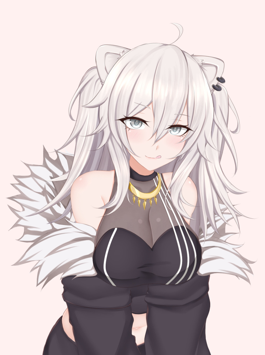 1girl :q ahoge akaki_tsubasa animal_ears bangs black_jacket black_shirt black_skirt breasts cleavage crop_top ear_piercing fur-trimmed_jacket fur_trim grey_background grey_eyes grey_hair hair_between_eyes highres hololive jacket jewelry large_breasts lion_ears lion_girl long_hair looking_at_viewer messy_hair navel necklace off_shoulder piercing see-through shirt shishiro_botan sidelocks simple_background skirt sleeveless sleeveless_shirt solo tongue tongue_out two_side_up virtual_youtuber