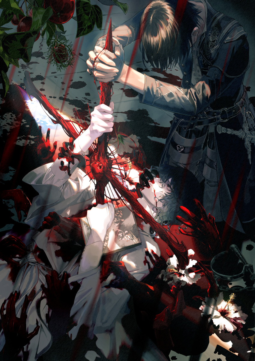 2boys absurdres aikawa_kanami arm_grab arm_up arms_up bangs belt black_coat black_eyes black_hair black_legwear blood blood_on_clothes blood_on_face blood_splatter blood_sword book chain character_request closed_mouth clothes_grab coat disembodied_limb facing_another feet_out_of_frame fingerless_gloves flower food fruit gloves grabbing grey_gloves hair_between_eyes head_down highres holding holding_book holding_sword holding_weapon interlocked_fingers isekai_meikyuu_no_saishinbu_wo_mezasou kneeling leaf long_sleeves looking_at_another lying messy_hair multiple_boys on_back own_hands_clasped own_hands_together scar scar_on_face shirt short_hair stab sword ukai_saki upper_body weapon white_flower white_robe white_shirt