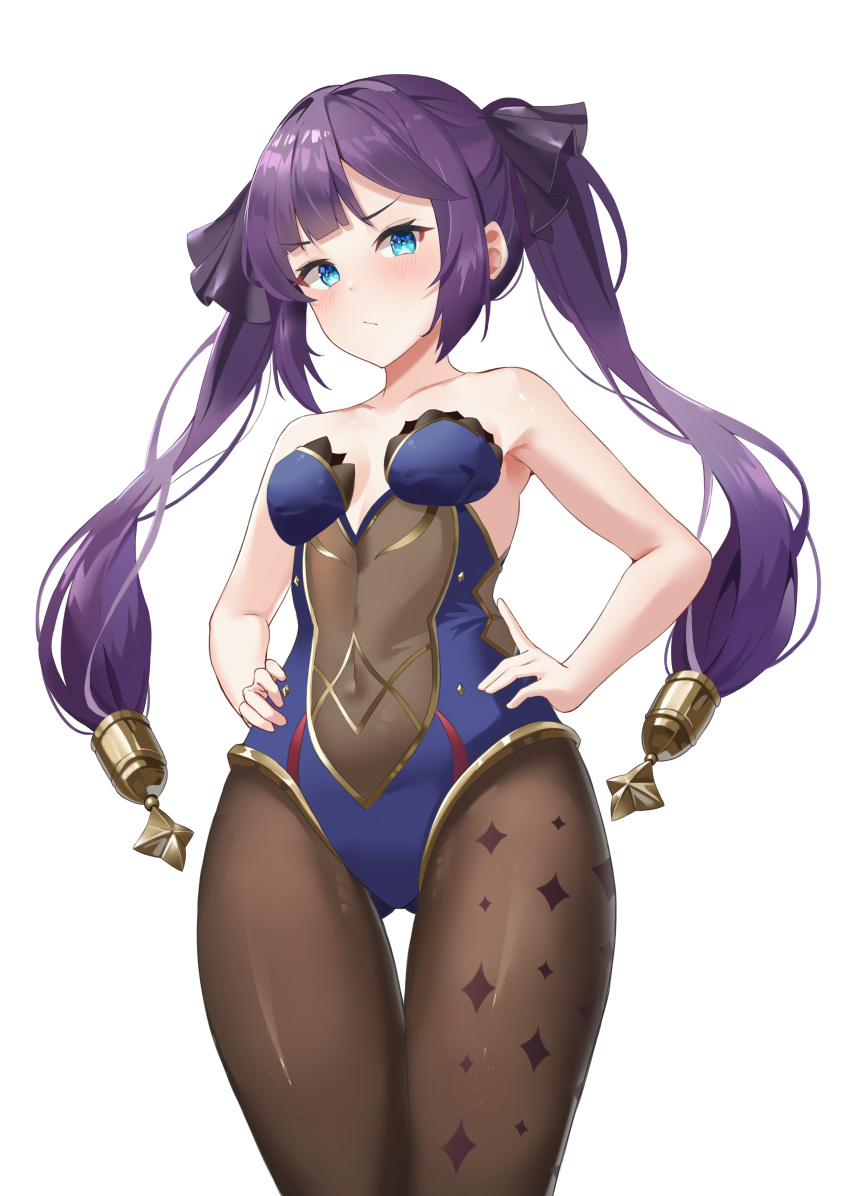 1girl absurdres bare_arms bare_shoulders blue_eyes blue_leotard blush breasts closed_mouth covered_navel genshin_impact gold hair_ornament hair_ribbon hands_on_hips highres jbell leotard long_hair looking_at_viewer mona_(genshin_impact) no_capelet no_hat no_headwear pout purple_hair ribbon sidelocks simple_background sleeveless small_breasts sparkle_print star_(symbol) star_hair_ornament thigh_gap twintails very_long_hair white_background
