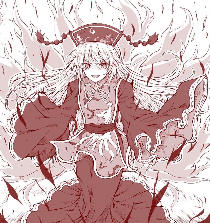 1girl angry aura bangs breasts chinese_clothes commentary_request energy eyebrows_visible_through_hair fox_print fox_tail full_body highres junko_(touhou) long_hair looking_at_viewer lower_teeth monochrome multiple_tails neckwear_request open_mouth phoenix_crown ribbon-trimmed_sleeves ribbon_trim sash simple_background slit_pupils solo standing tabard tail tamasan tassel teeth touhou v-shaped_eyebrows white_background wide_sleeves