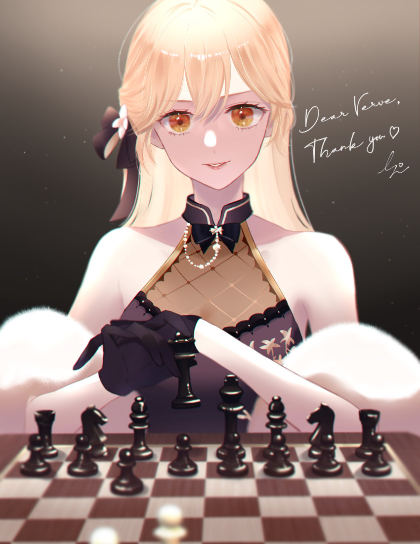 1girl bare_shoulders black_dress black_gloves black_ribbon blonde_hair board_game breasts chess chess_piece chessboard closed_mouth commentary_request commission dress eyebrows_visible_through_hair fur-trimmed_sleeves fur_trim girls'_frontline gloves hair_ribbon highres holding_chess_piece lips long_hair looking_at_viewer official_alternate_costume orange_eyes ots-14_(girls'_frontline) ribbon simple_background sitting skeb_commission smile solo sui_(camellia) upper_body