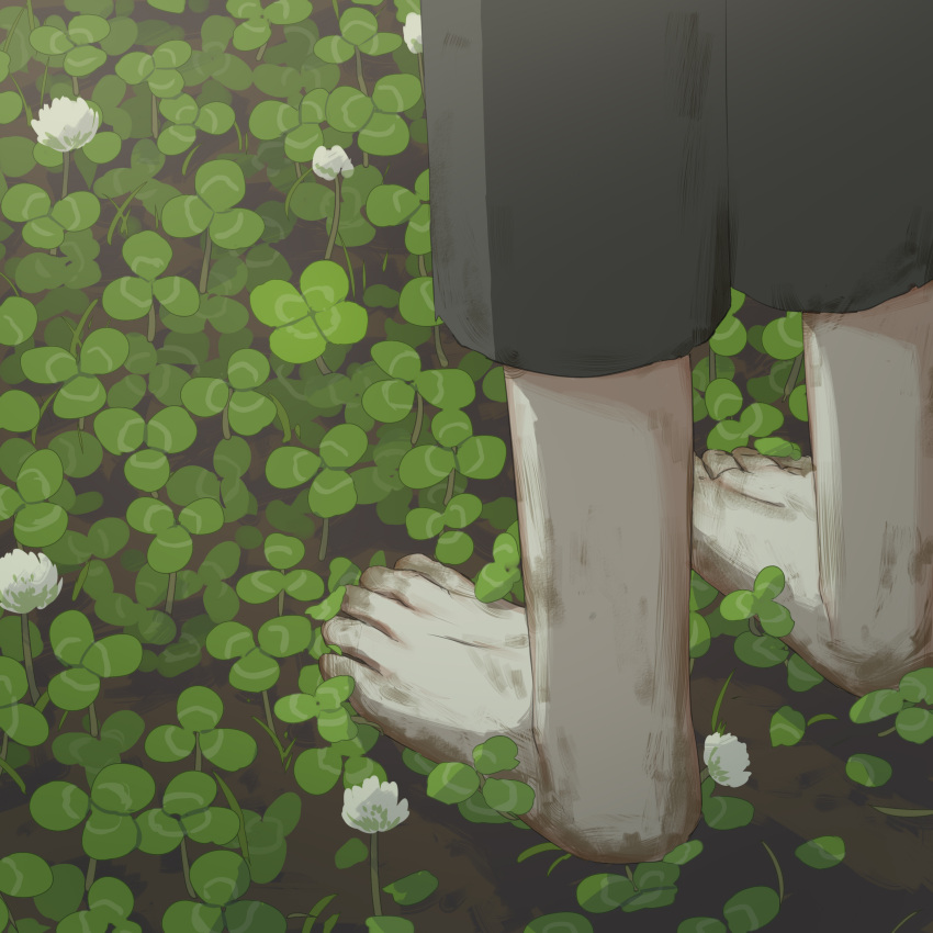 1other absurdres ambiguous_gender avogado6 barefoot clover commentary dirty dirty_feet feet feet_only four-leaf_clover from_behind grey_shorts head_out_of_frame highres original shorts solo toes