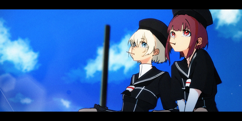 2girls absurdres black_dress black_headwear black_neckerchief blue_eyes blue_sky brown_eyes clothes_writing cloud commentary_request dress hat highres kan6e_ver kantai_collection mouth_hold multiple_girls neckerchief pole red_hair sailor_dress sailor_hat short_hair silver_hair sky z1_leberecht_maass_(kancolle) z3_max_schultz_(kancolle)