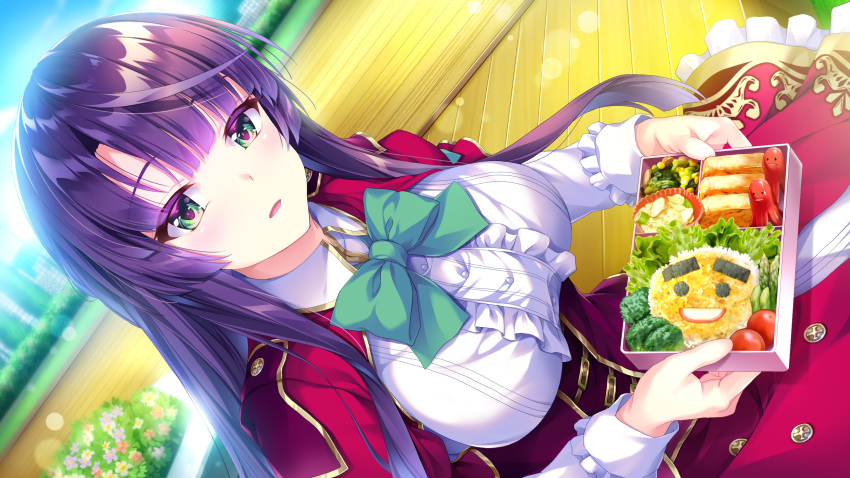 1girl bangs bento blurry blurry_background day dress_shirt dutch_angle eyebrows_visible_through_hair floating_hair game_cg green_eyes green_neckwear highres holding lens_flare long_hair long_sleeves looking_at_viewer official_art open_mouth outdoors purple_hair red_skirt school_uniform secret_agent_~kishi_gakuen_no_shinobi_naru_mono~ shiny shiny_hair shirogane_kagura shirt shrug_(clothing) sitting skirt solo straight_hair underbust very_long_hair white_shirt