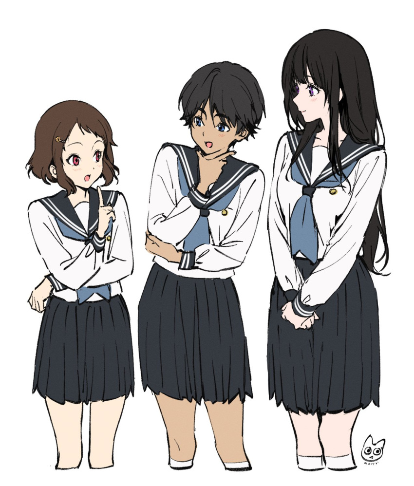 3girls back_hair bangs black_hair black_sailor_collar blue_eyes blush brown_hair chitanda_eru collarbone cropped_legs dark_skin hair_ornament hairclip highres hyouka ibara_mayaka long_hair long_sleeves looking_at_another mery_(yangmalgage) multiple_girls oohinata_tomoko open_mouth pleated_skirt purple_eyes red_eyes sailor_collar school_uniform short_hair simple_background skirt white_background