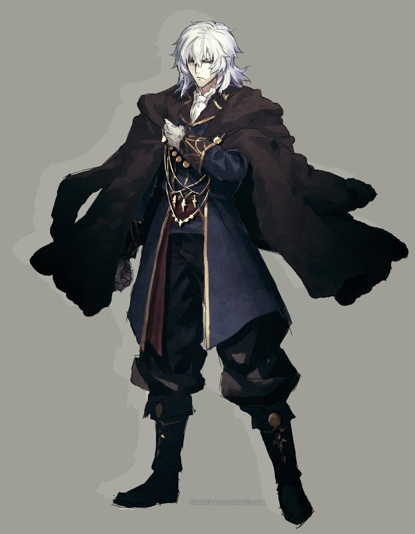 1boy artist_name ascot bangs black_footwear black_pants blue_coat boots closed_mouth coat coat_on_shoulders frown full_body fur_coat fur_trim grey_background hair_between_eyes highres knee_boots konoe_ototsugu long_sleeves male_focus medium_hair open_clothes open_coat pants red_eyes red_sash sash sketch sleeve_cuffs solo standing tsukihime tsukihime_(remake) tsurime twitter_username vlov_arkhangel white_ascot white_hair wing_collar winter_clothes