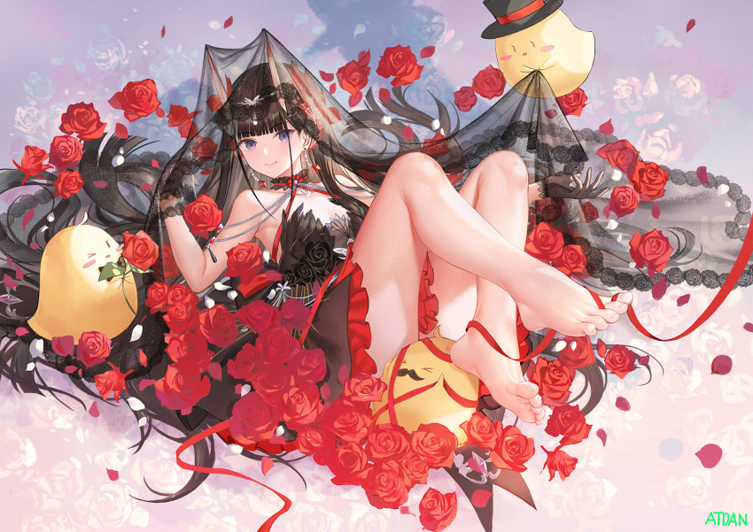 1girl armpits atdan azur_lane bangs bare_legs bare_shoulders barefoot bird black_dress black_gloves black_hair blunt_bangs breasts chick choker commentary dress english_commentary feet floating_hair flower gloves hand_up highres horns legs_up long_hair looking_at_viewer lying manjuu_(azur_lane) medium_breasts noshiro_(a_tale_of_two_lovers)_(azur_lane) noshiro_(azur_lane) on_back oni_horns plantar_flexion purple_eyes red_flower rose short_dress sleeveless sleeveless_dress smile soles solo strapless strapless_dress thighs toes veil very_long_hair