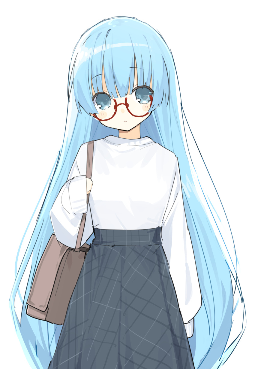 1girl absurdres alternate_costume bag blue_eyes blue_hair blush buran_buta closed_mouth commentary_request cowboy_shot expressionless eyebrows_visible_through_hair glasses hair_between_eyes highres long_hair long_skirt long_sleeves looking_at_viewer neptune_(series) nishizawa_mina no_hat no_headwear shirt simple_background skirt solo white_background white_shirt