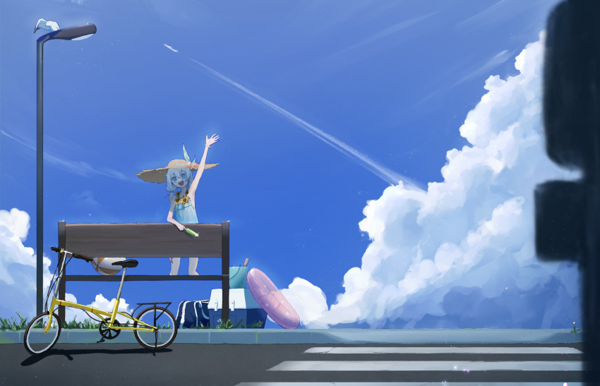 1girl :d aircraft airplane ball bangs beachball bench bicycle blue_eyes blue_sky cloud cloudy_sky cooler day dress food full_body grass ground_vehicle hair_between_eyes hat highres holding holding_food honkai_(series) honkai_impact_3rd innertube kneeling lamppost open_mouth outdoors outstretched_arm popsicle sky smile solo straw_hat summer summer_uniform sundress theresa_apocalypse theresa_apocalypse_(valkyrie_pledge) waving white_hair zhijianshenshi