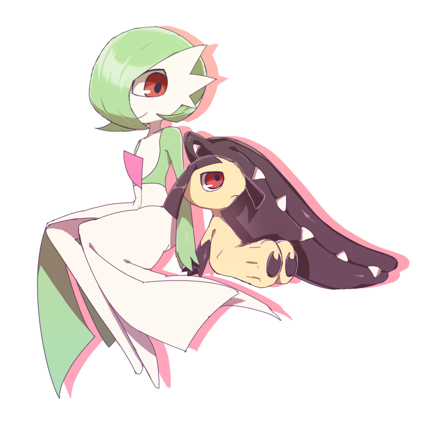 2girls bangs black_skin blunt_bangs bob_cut closed_mouth colored_skin commentary_request drop_shadow enden_(pixiv_57969220) extra_mouth flat_chest full_body gardevoir green_hair green_skin hair_over_one_eye happy highres holding_hands legs_together long_hair looking_at_another looking_down looking_up mawile multicolored_skin multiple_girls pokemon pokemon_(creature) red_eyes sharp_teeth shiny shiny_hair short_hair simple_background sitting smile teeth two-tone_skin very_long_hair white_background white_skin yellow_skin