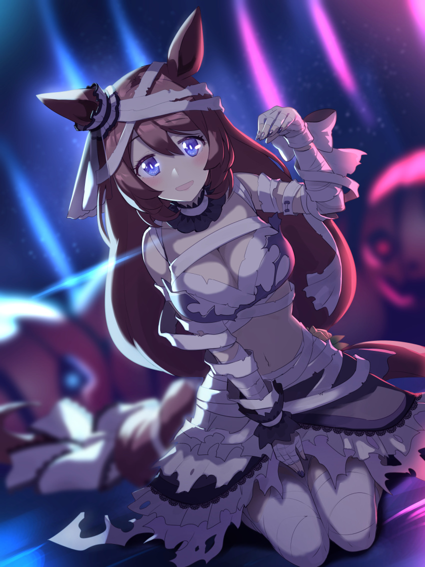 1girl animal_ears bandaged_arm bandages blue_eyes breasts brown_hair cleavage collar commentary_request hair_between_eyes hand_on_lap hand_up highres horse_ears horse_girl horse_tail jack-o'-lantern kneeling long_hair looking_at_viewer make_up_in_halloween!_(umamusume) mummy_costume navel official_alternate_costume open_mouth sidelocks smile solo super_creek_(umamusume) tail tomoyohi umamusume upper_body