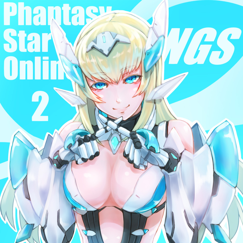 1girl android blonde_hair blue_eyes breasts di_allez_series harnetyss highres large_breasts long_hair mecha_musume phantasy_star phantasy_star_online_2 smile solo very_long_hair x_fingers