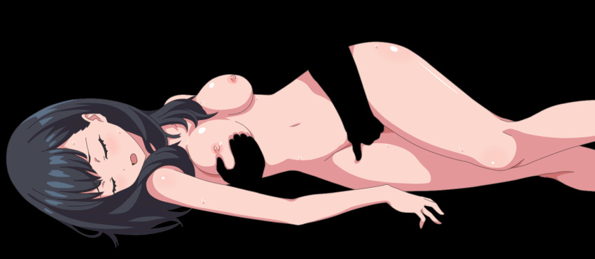 1girl animated animated_gif black_background black_hair breast_grab breasts closed_eyes completely_nude fingering grabbing grabbing_from_behind gridman_universe h-seisakujyo highres implied_sex invisible_man looping_animation lying medium_breasts nude on_side open_mouth solo_focus ssss.gridman sweat takarada_rikka