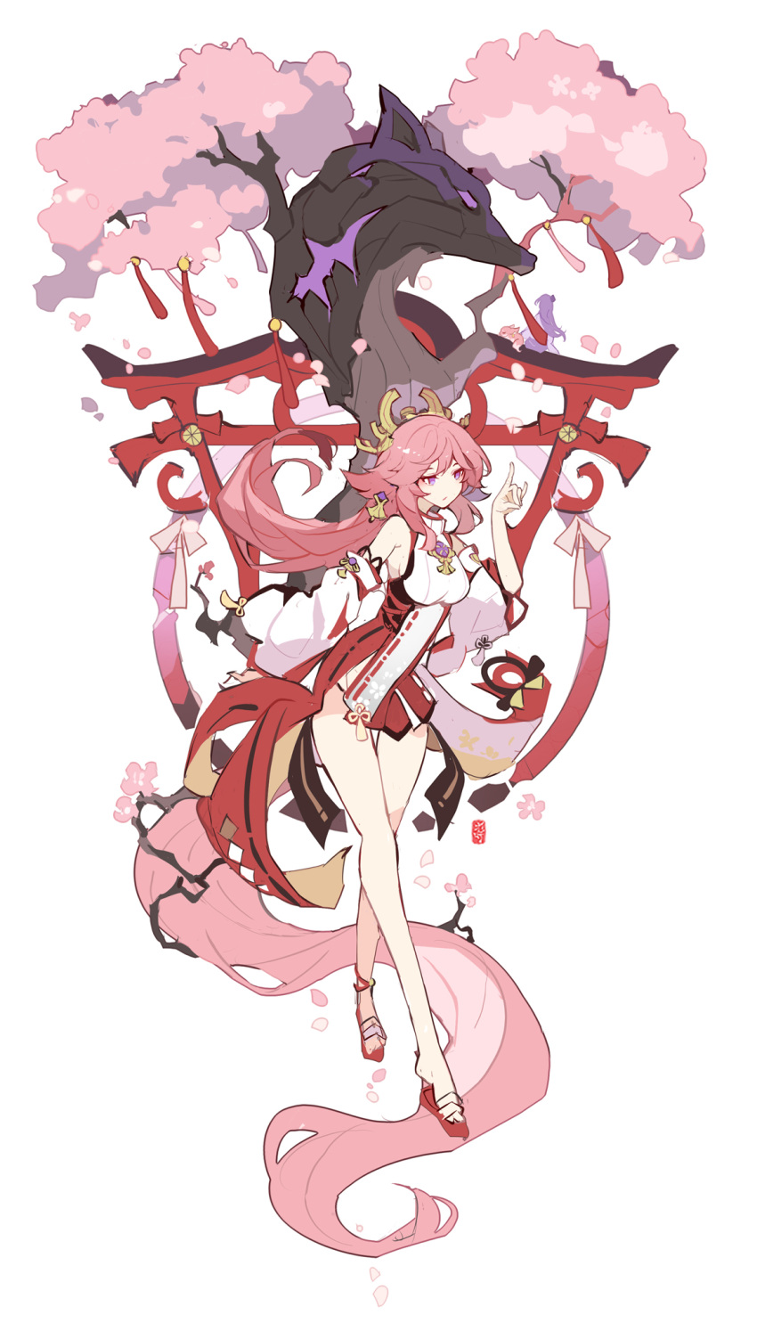 1girl bangs bare_shoulders branch cherry_blossoms circle coattails crossed_legs detached_sleeves earrings falling_petals floral_print flower_knot fox_shadow_puppet full_body genshin_impact hair_ornament hand_up highres ideolo japanese_clothes jewelry kimono leaning_forward long_hair looking_to_the_side miko petals pink_hair print_kimono purple_eyes red_kimono sandals sleeveless sleeveless_kimono solo standing symbol-only_commentary tassel torii tree very_long_hair vision_(genshin_impact) watson_cross white_background wide_sleeves yae_(genshin_impact)