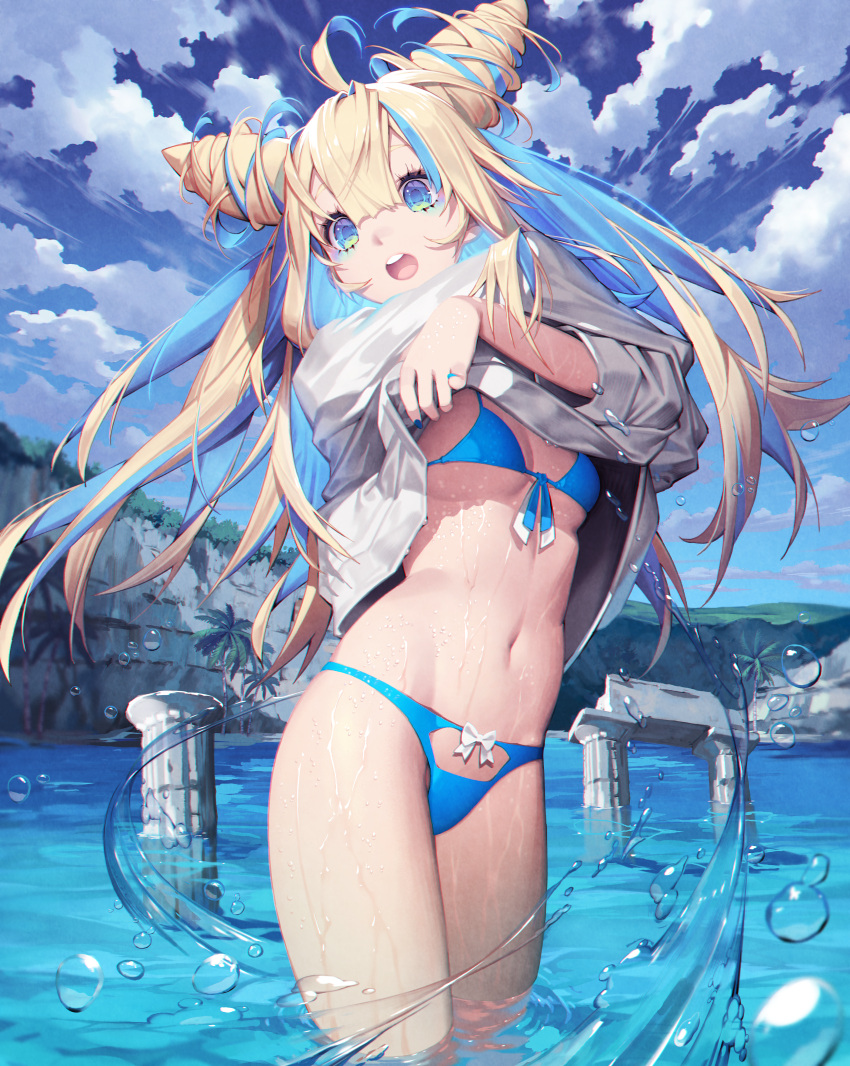 1girl :d absurdres ahoge bangs bikini blonde_hair blue_bikini blue_eyes blue_hair blue_nails blue_sky blunt_bangs breasts cleavage clothes_lift cloud cloudy_sky commentary cowboy_shot day double_bun english_commentary eyebrows_visible_through_hair front-tie_bikini front-tie_top grey_shirt hair_between_eyes hair_cones highres lake lifted_by_self long_hair long_sleeves looking_at_viewer mandrill medium_breasts midriff multicolored_hair nail_polish navel open_mouth original outdoors ruins shirt shirt_lift sidelocks sky smile solo standing stomach streaked_hair string_bikini swimsuit twintails two-tone_hair undressing wading water wet wet_clothes wet_swimsuit