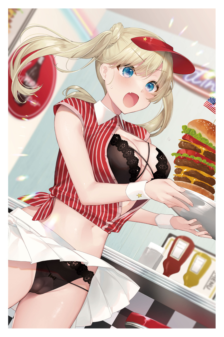 1girl bangs bekotarou black_bow black_bra black_panties blush border bow bow_panties bra breasts burger cameltoe cheese cleavage eyebrows_visible_through_hair fang fast_food fingernails food highres holding holding_tray indoors ketchup_bottle lace-trimmed_bra lace-trimmed_panties lace_trim large_breasts lettuce long_hair miniskirt mustard_bottle nail_polish navel non-web_source open_clothes open_mouth open_shirt original panties pink_nails pleated_skirt red_headwear red_shirt shirt short_sleeves sidelocks skin_fang skirt solo striped striped_shirt table tray twintails unbuttoned unbuttoned_shirt underwear vertical-striped_shirt vertical_stripes visor_cap white_border white_skirt wing_collar