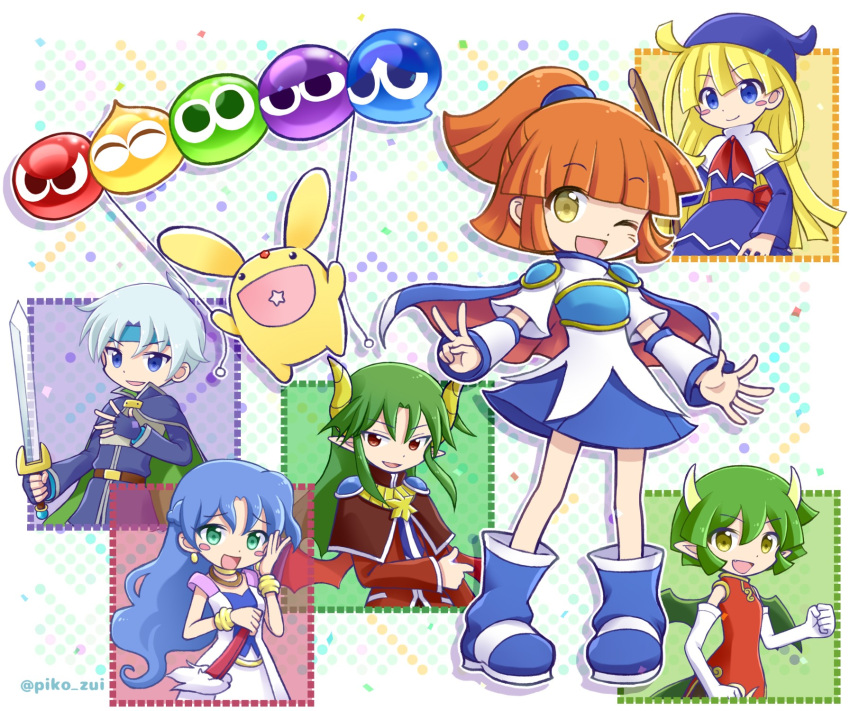 2boys 4girls arle_nadja blonde_hair blue_eyes blue_hair blush_stickers bracelet broom brown_eyes brown_hair carbuncle_(puyopuyo) china_dress chinese_clothes closed_mouth commentary_request draco_centauros dragon_girl dragon_horns dragon_tail dragon_wings dress earrings elbow_gloves eyebrows_visible_through_hair fang gloves green_eyes green_hair grey_hair highres holding holding_broom horns jewelry long_hair long_sleeves looking_at_viewer multiple_boys multiple_girls necklace open_mouth pointy_ears puyo_(puyopuyo) puyopuyo red_dress red_eyes rulue_(puyopuyo) satan_(puyopuyo) schezo_wegey short_hair short_ponytail sleeveless smile smug tail takazaki_piko wavy_hair white_gloves wings witch_(puyopuyo) yellow_eyes