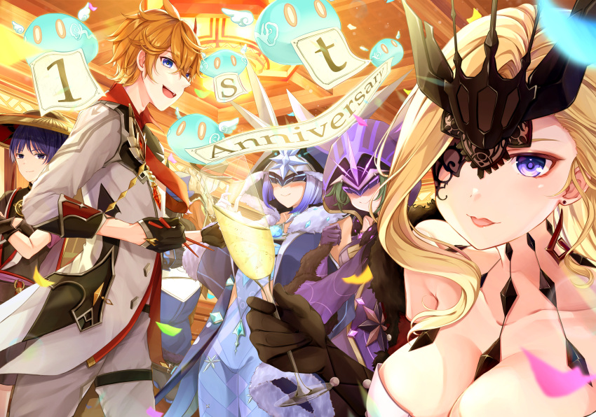 2boys 3girls absurdres alcohol black_gloves black_mask blonde_hair blue_eyes blue_hair blush breasts cicin_mage_(genshin_impact) cleavage clenched_hand collared_jacket crossed_arms cryo_cicin_mage_(genshin_impact) cup dangle_earrings dress earrings electro_cicin_mage_(genshin_impact) eye_mask fur_trim genshin_impact gloves green_hair half_gloves half_mask hat highres holding holding_cup hood jewelry jingasa lace-trimmed_eyepatch large_breasts lllconfidential long_hair mask mask_on_head mask_over_one_eye multiple_boys multiple_girls one_eye_covered orange_hair purple_eyes pyroslinger_bracer_(genshin_impact) red_scarf scaramouche_(genshin_impact) scarf short_hair signora_(genshin_impact) slime_(genshin_impact) smile strapless strapless_dress tartaglia_(genshin_impact) tongue tongue_out
