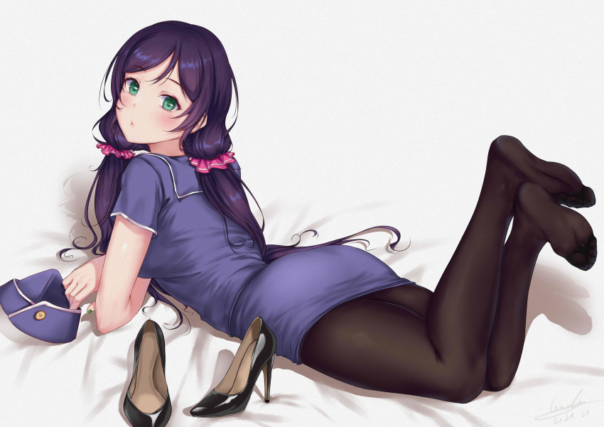 1girl absurdres artist_name bangs black_legwear blush closed_mouth commentary feet flight_attendant foot_focus full_body green_eyes gxdy hair_ornament hat high_heels highres legs legs_up long_hair looking_at_viewer looking_back love_live! love_live!_school_idol_project low_twintails lying no_shoes on_stomach pantyhose parted_bangs pout purple_hair shoes shoes_removed short_sleeves signature soles solo the_pose toujou_nozomi travel_attendant twintails uniform