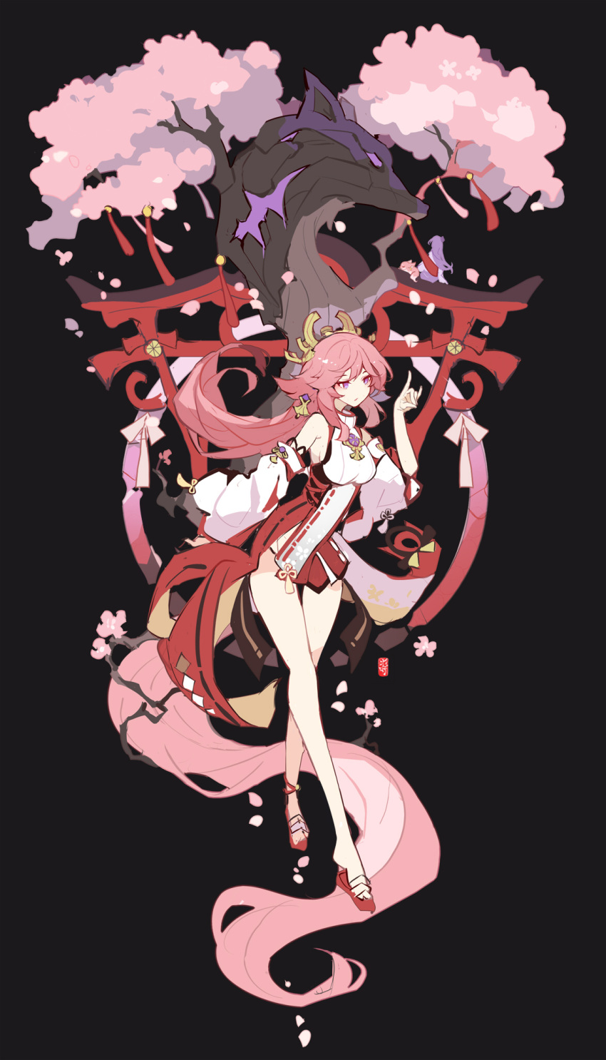 1girl bangs bare_shoulders black_background branch cherry_blossoms circle coattails crossed_legs detached_sleeves earrings english_commentary falling_petals floral_print flower_knot fox_shadow_puppet full_body genshin_impact hair_ornament hand_up highres ideolo japanese_clothes jewelry kimono leaning_forward long_hair looking_to_the_side miko petals pink_hair print_kimono purple_eyes red_kimono sandals sleeveless sleeveless_kimono solo standing tassel torii tree very_long_hair vision_(genshin_impact) watson_cross wide_sleeves yae_(genshin_impact)