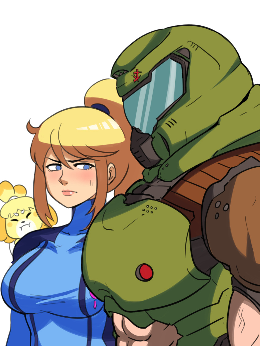 1boy 2girls animal_crossing armor blonde_hair blue_bodysuit blue_eyes blush bodysuit breasts crossover doom_(series) doom_eternal doomguy furry furry_female helmet highres isabelle_(animal_crossing) long_hair looking_at_viewer male_focus meme metroid mole mole_under_mouth multiple_girls muscle_envy muscular pectoral_envy_(meme) ponytail praetor_suit samus_aran simple_background skin_tight space_marine super_smash_bros. tina_fate zero_suit