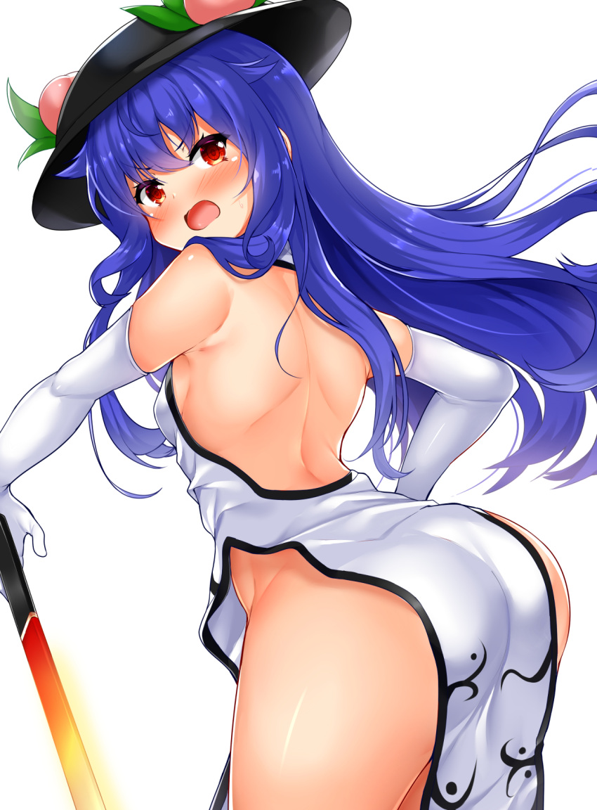 1girl alternate_costume ass back backless_dress backless_outfit bangs blue_hair blush breasts commentary_request daichi_(tokoya) dress elbow_gloves eyebrows_visible_through_hair food fruit gloves hair_between_eyes hat highres hinanawi_tenshi leaf long_hair looking_at_viewer no_panties open_mouth peach red_eyes simple_background small_breasts solo sword_of_hisou touhou white_background white_dress white_gloves
