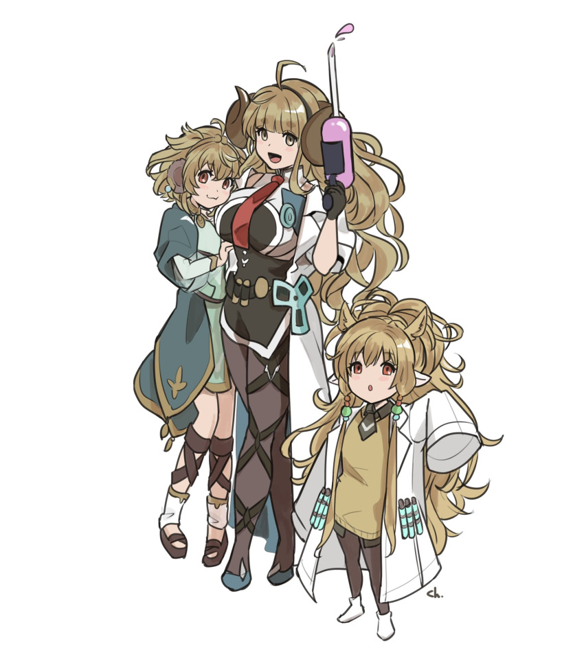 3girls :o agnes_tachyon_(umamusume) agnes_tachyon_(umamusume)_(cosplay) ahoge andira_(granblue_fantasy) anila_(granblue_fantasy) animal_ears arm_hug bangs black_legwear blonde_hair breasts commentary_request cosplay cygames doctor_(granblue_fantasy) draph dress erune extra_ears flat_chest full_body glanbluefanta granblue_fantasy green_dress hairband harvin highres horns horse_ears kokkoro_(princess_connect!) kokkoro_(princess_connect!)_(cosplay) labcoat large_breasts long_hair looking_at_viewer mahira_(granblue_fantasy) multiple_girls necktie needle open_mouth pointy_ears princess_connect! red_necktie short_hair sidelocks signature simple_background sleeves_past_wrists standing sweater umamusume vial white_background
