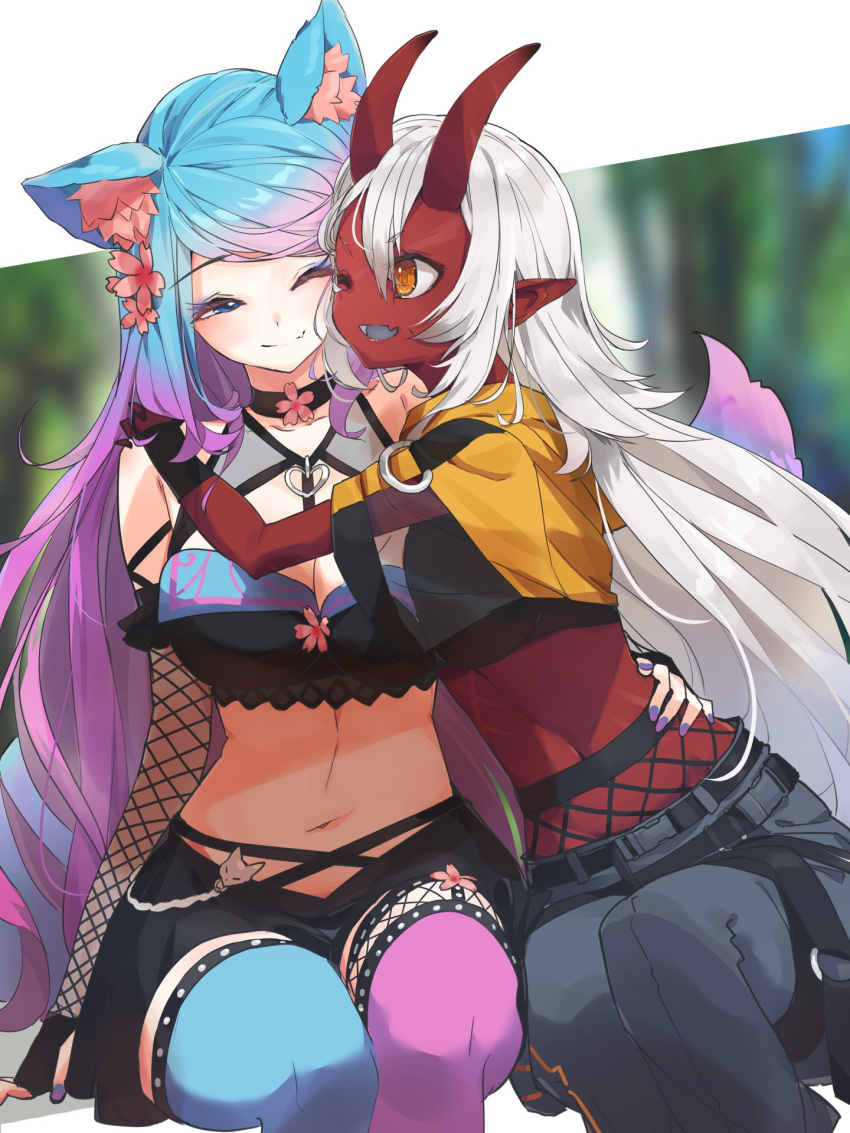 2girls akumi_(yoclesh) animal_ear_fluff animal_ears asymmetrical_legwear black_pants black_skirt blue_hair breasts cleavage colored_skin fingerless_gloves fishnet_sleeves gloves gradient_hair highres horns hug invisible_chair jacket long_hair looking_at_another midriff mismatched_legwear multicolored_hair multiple_girls one_eye_closed oni_horns open_clothes open_jacket pants pointy_ears purple_hair rb2 red_skin silvervale sitting skirt smile vguyen virtual_youtuber vshojo white_hair wolf_ears yellow_jacket