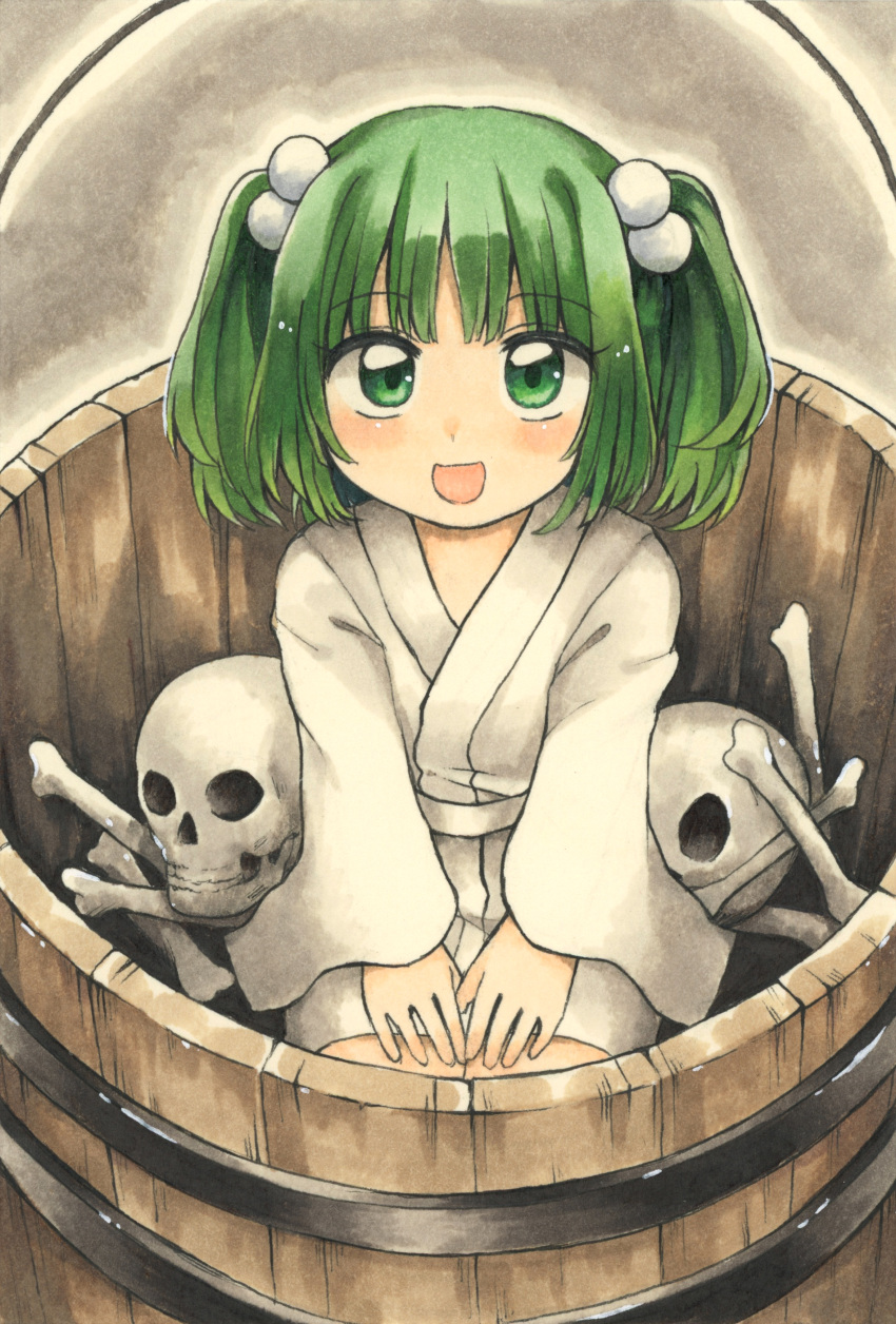 1girl absurdres bangs blush bone bucket eyebrows_visible_through_hair green_eyes green_hair hair_bobbles hair_ornament highres in_bucket in_container japanese_clothes kimono kisume kneeling looking_at_viewer maa_(forsythia1729) short_hair skull solo touhou traditional_media twintails wide_sleeves wooden_bucket