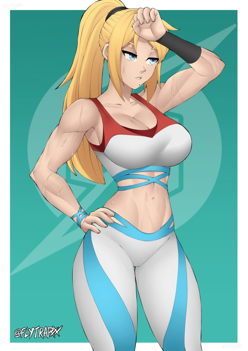 1girl adapted_costume blonde_hair border breasts cleavage cowboy_shot flytrapxx green_background highres large_breasts long_hair metroid metroid_dread midriff muscular muscular_female navel outside_border pants samus_aran solo sports_bra sweat twitter_username white_border white_pants