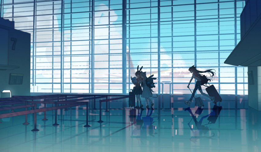 3girls aircraft airport amiya_(arknights) animal_ears arknights asymmetrical_legwear bangs black_skirt blaze_(arknights) blue_sky book brown_hair brown_shirt closed_mouth cloud commentary crop_top day dress english_commentary grey_footwear hair_between_eyes hand_up highres holding holding_book holding_luggage indoors locked_arms looking_at_another looking_away luggage min_(120716) multiple_girls one_eye_closed open_book open_mouth rabbit_ears reflection rosmontis_(arknights) shirt shoes skirt sky sneakers socks standing stuffed_animal stuffed_toy tail torn_clothes uneven_legwear walking white_dress white_footwear white_hair white_shirt window wrist_cuffs