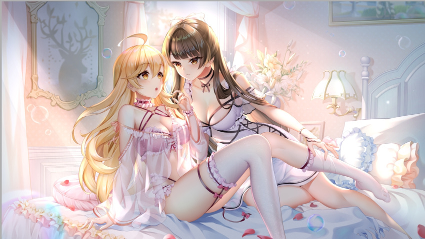 2girls ahoge arm_at_side arm_support arm_up babydoll bangs bare_hips bare_legs barefoot bed bed_frame bed_sheet bedroom black_panties blinds blonde_hair bow bracelet breasts brown_hair bubble choker closed_mouth collarbone deer dress eyebrows_visible_through_hair eyes_visible_through_hair flower frilled_dress frilled_pillow frills hair_between_eyes hair_bow heart highres jewelry lace lamp light_blush light_particles light_rays light_smile lingerie long_hair looking_at_another lying midriff multiple_girls navel neck_ribbon neckwear_request off_shoulder on_bed on_side open_mouth original painting_(object) panties petals picture_(object) picture_frame pillow red_ribbon removing_legwear ribbon see-through_sleeves sitting stomach teasing thighhighs toes underwear white_bow white_dress white_flower window wrist_ribbon yellow_eyes yue_xiao_e yuri