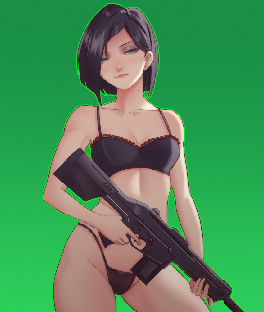 1girl absurdres black_bra black_hair black_panties blush bra commission english_commentary green_background green_eyes gun highres lingerie medium_hair panties pomelomelon simple_background solo standing underwear valorant viper_(valorant) weapon