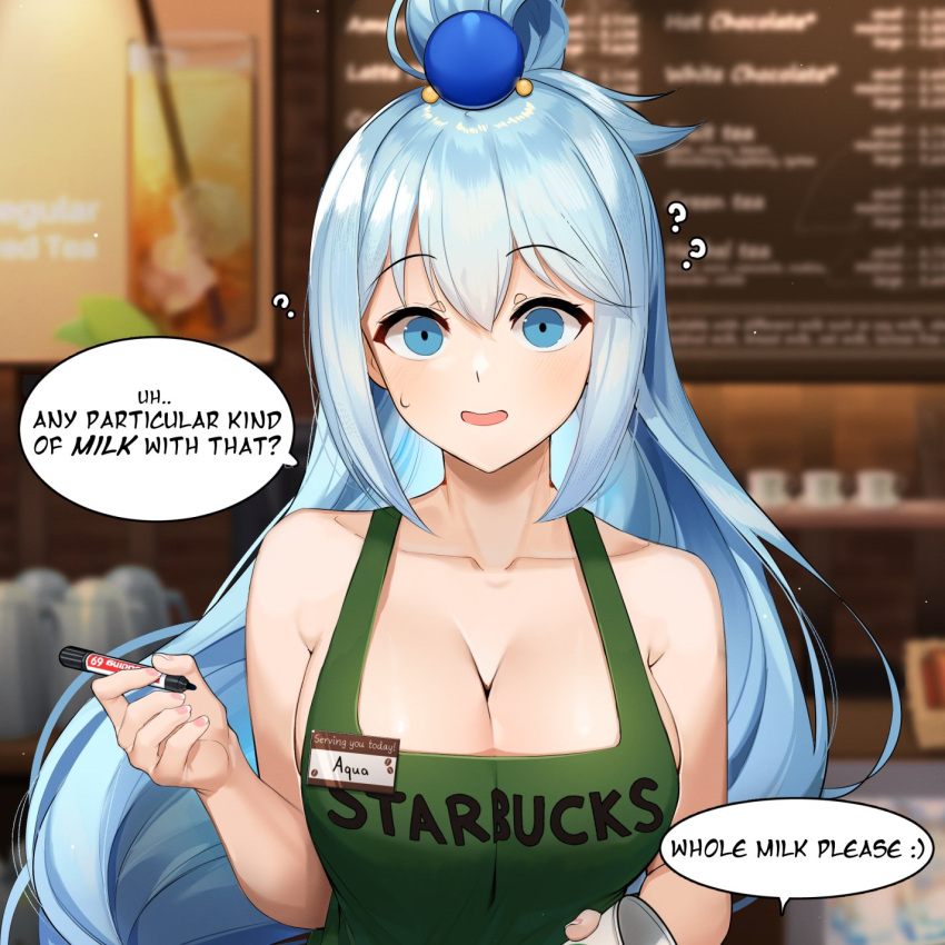 1girl ? apron aqua_(konosuba) badge bait_and_switch bangs beads blue_eyes blue_hair blurry blurry_background breasts character_name cleavage clothes_writing collarbone commentary confused cup depth_of_field disposable_cup empty_eyes english_commentary english_text eyebrows_visible_through_hair green_apron hair_beads hair_between_eyes hair_ornament highres holding holding_cup holding_marker iced_latte_with_breast_milk_(meme) id_card kono_subarashii_sekai_ni_shukufuku_wo! large_breasts long_hair looking_at_viewer marker meme menu_board naked_apron open_mouth pov rejection sasoura solo speech_bubble starbucks sweatdrop upper_body very_long_hair you're_doing_it_wrong