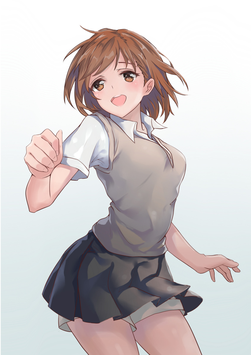 1girl absurdres ahoge bangs bare_legs beige_shorts beige_sweater black_skirt brown_eyes brown_hair clenched_hand collarbone commentary cowboy_shot eyebrows from_side happy head_tilt highres looking_at_viewer medium_hair messy_hair misaka_mikoto muta_(csw) open_mouth pleated_shirt pleated_skirt school_uniform serafuku shirt short_shorts shorts simple_background skirt sleeveless sleeveless_sweater smile solo sweater symbol-only_commentary teeth toaru_kagaku_no_railgun toaru_majutsu_no_index white_background white_shirt