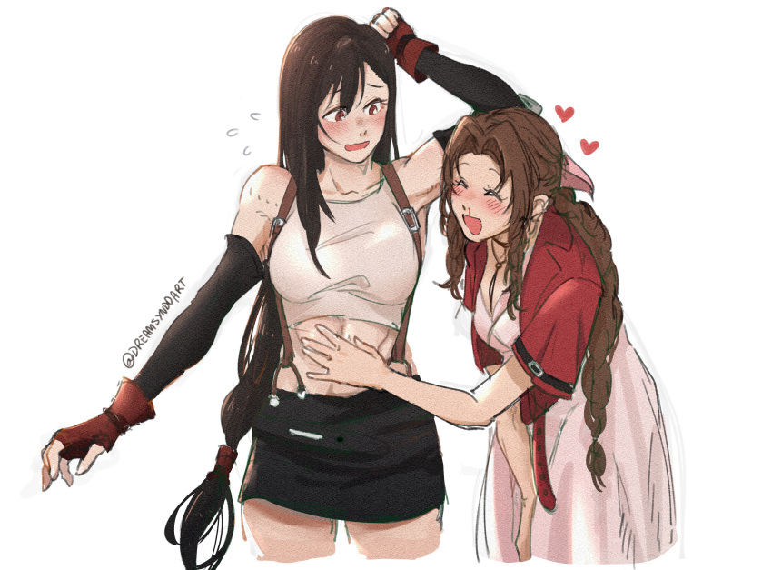 2girls abs aerith_gainsborough artist_name black_hair black_skirt blood blush bow braid braided_ponytail brown_hair closed_eyes commentary crop_top cropped_jacket dreamsyndd dress elbow_pads english_commentary final_fantasy final_fantasy_vii flying_sweatdrops hand_on_another's_stomach heart highres jacket jewelry long_hair looking_at_another low-tied_long_hair miniskirt multiple_girls muscle_awe necklace nosebleed open_mouth overalls parted_lips pencil_skirt pink_bow pink_dress red_jacket shy simple_background skirt smile suspender_skirt suspenders suspenders_gap tank_top tifa_lockhart toned touching tri_drills twitter_username white_background white_tank_top yuri