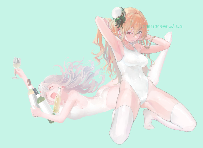 2girls alcohol aqua_background banned_artist bare_arms bare_shoulders blonde_hair bottle braid breasts brown_eyes closed_eyes commission cup dated drinking_glass french_braid full_body grey_hair hair_between_eyes hat highres kantai_collection large_breasts long_hair mini_hat multiple_girls nacht one-piece_swimsuit open_mouth pola_(kancolle) simple_background skeb_commission swimsuit thighhighs twitter_username wavy_hair white_headwear white_legwear white_swimsuit wine_bottle wine_glass zara_(kancolle)