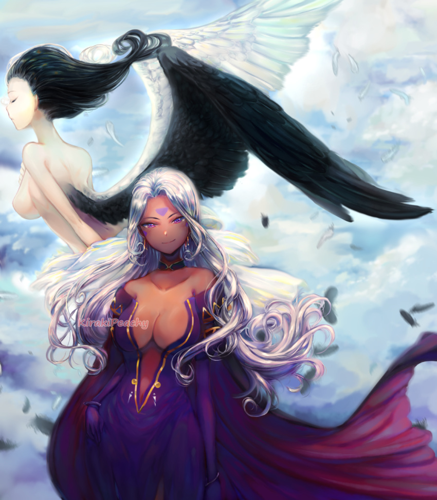 2girls aa_megami-sama breasts cape center_opening choker cloud cloudy_sky collarbone dark-skinned_female dark_skin dress earrings facial_mark feathered_wings feathers forehead_mark gloves goddess highres jewelry kirakipeachy large_breasts long_hair multicolored_hair multiple_girls nude purple_eyes sky strapless strapless_dress two-tone_hair urd_(aa_megami-sama) wings world_of_elegance