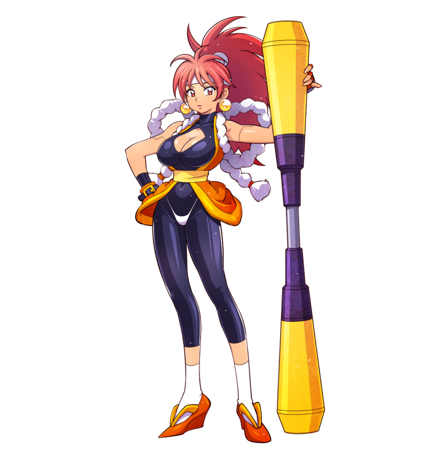 1girl bangs bloodberry breasts cleavage earrings expressionless fantasia_re:build fingerless_gloves full_body gloves hand_on_hip headband high_heels high_ponytail highres holding holding_polearm holding_weapon jewelry joints kotobuki_tsukasa large_breasts long_hair looking_at_viewer official_art photoshop_(medium) polearm red_eyes red_hair robot_joints rope saber_marionette_j shimenawa solo spandex standing transparent_background weapon white_legwear